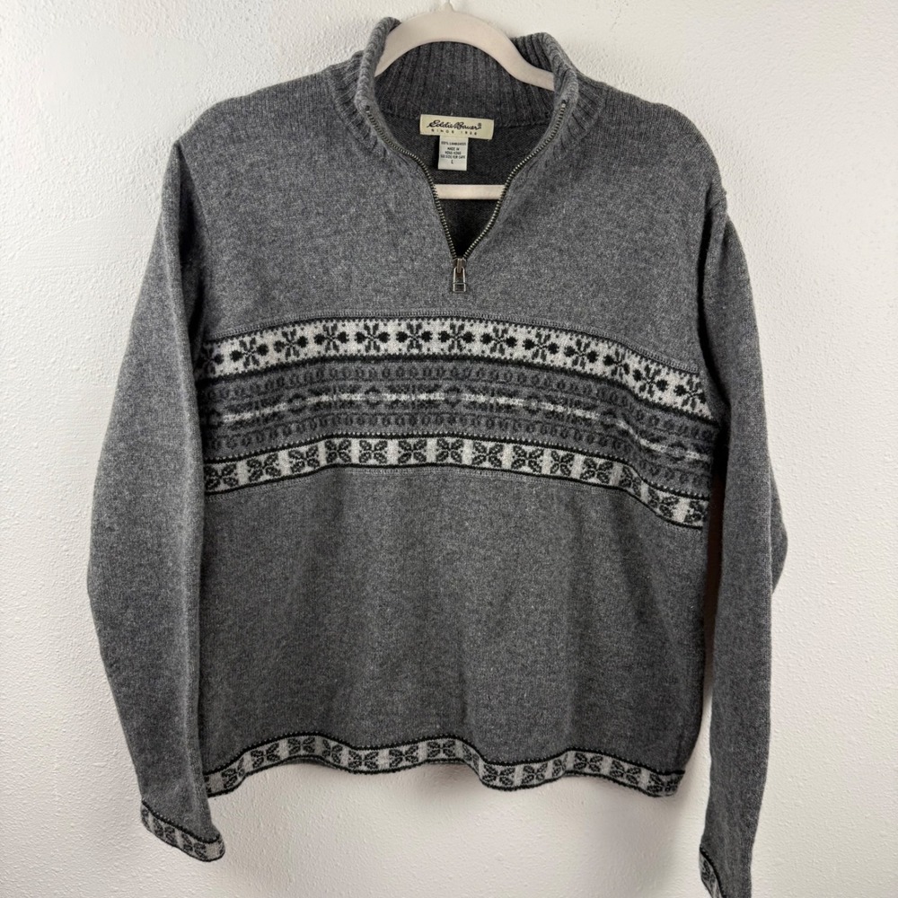 Eddie Bauer Mens Lambswool Fair Isle Quarter‎ Zip Sweater Gray 1086 Large